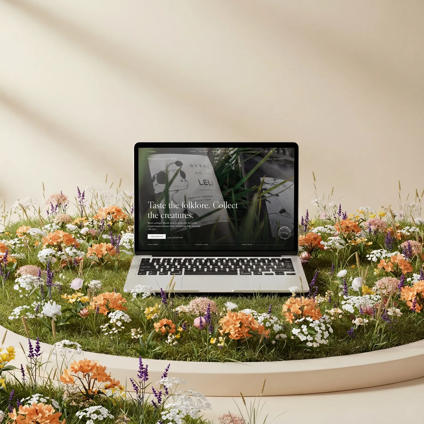 Queko storefront shown on a laptop in a wildflower meadow
