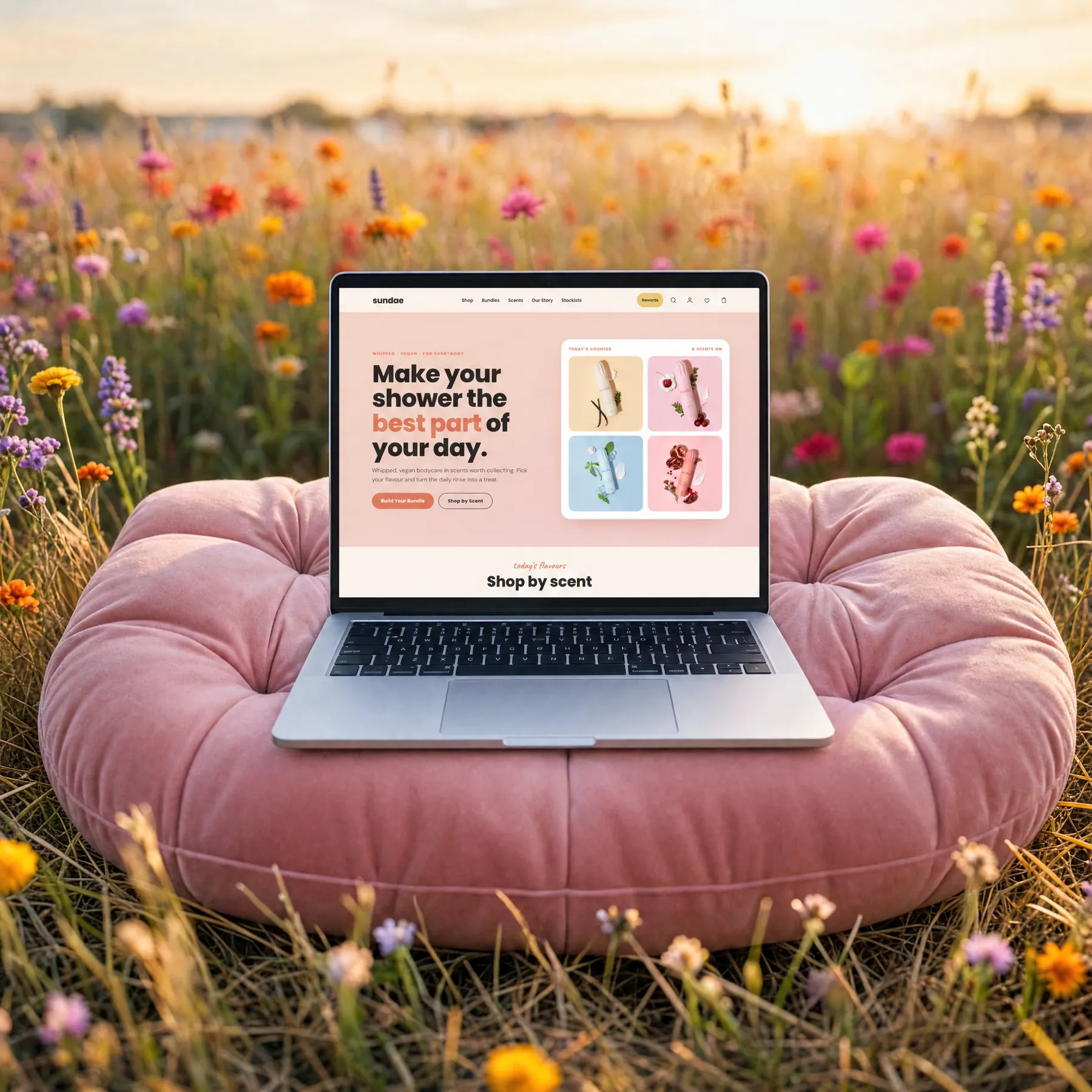 Sundae Body storefront shown on a laptop on a pink cushion